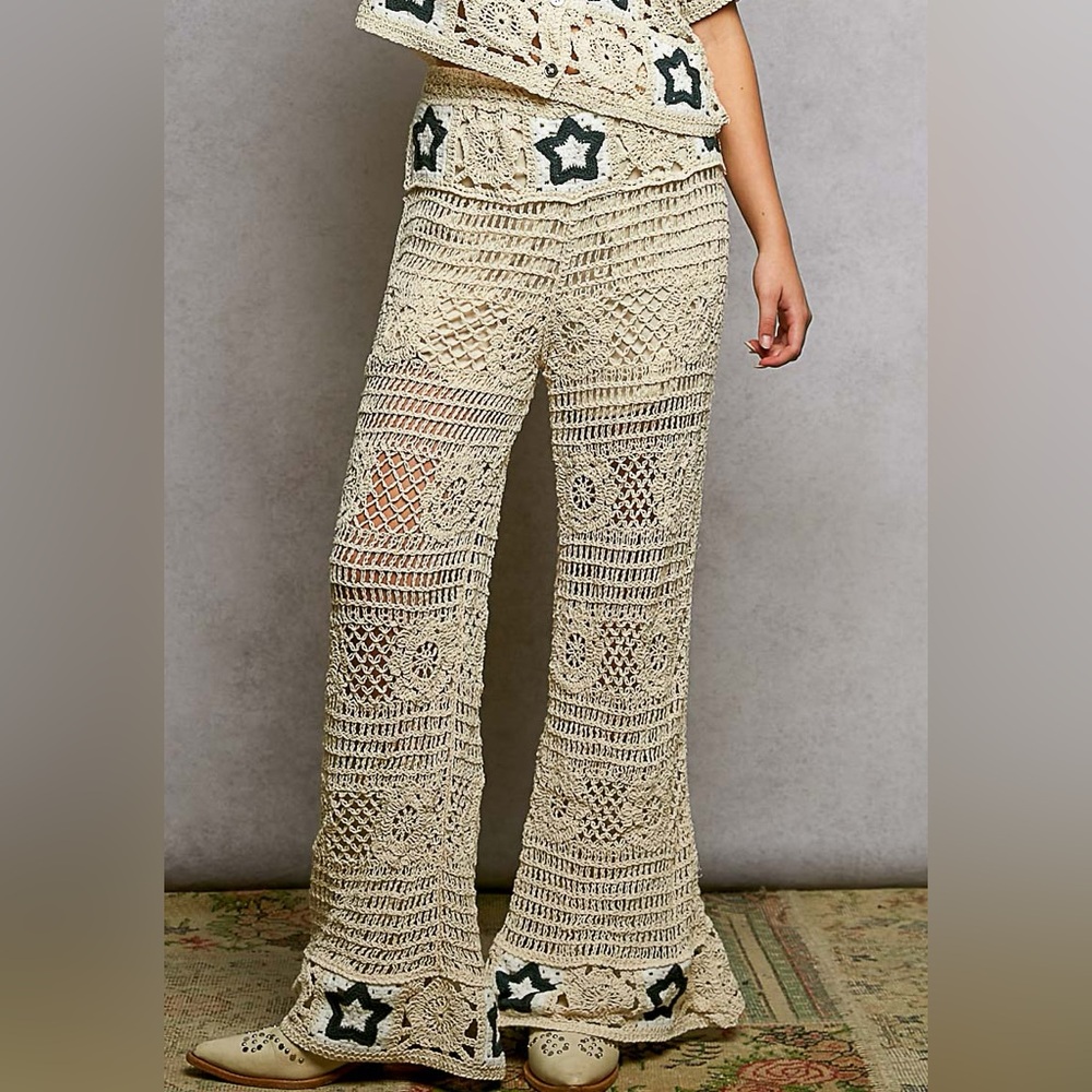 NWT POL Tan Star Granny Square Weave Crochet Knit Woven Flare Leg Pants